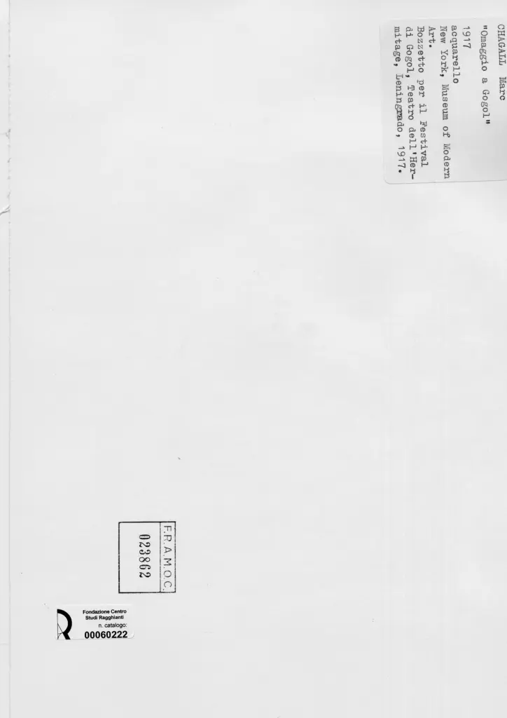 Anonimo , Chagall, Marc - sec. XX - Omaggio a Gogol , retro