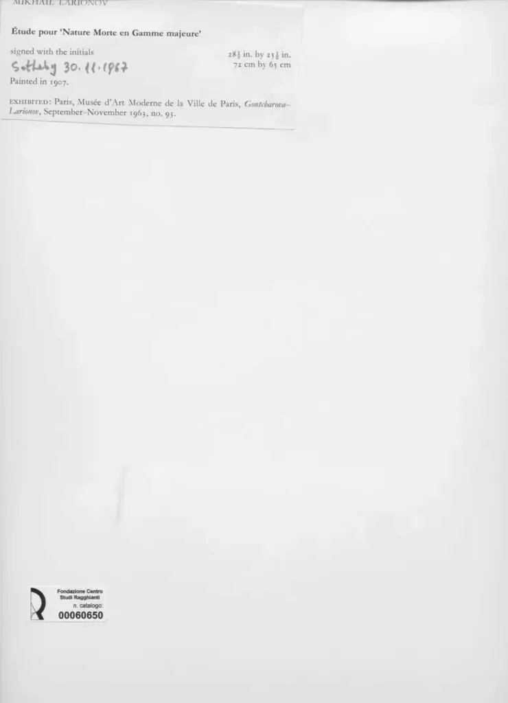 Anonimo , Larionoff, Michail - sec. XX - &Eacute;tude pour "Nature Morte en Gamme majeure" , retro