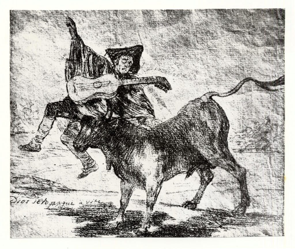 de Goya, Francisco , Mendicante sulle corna di un toro (Dio sa se deve pagare con la vita!)