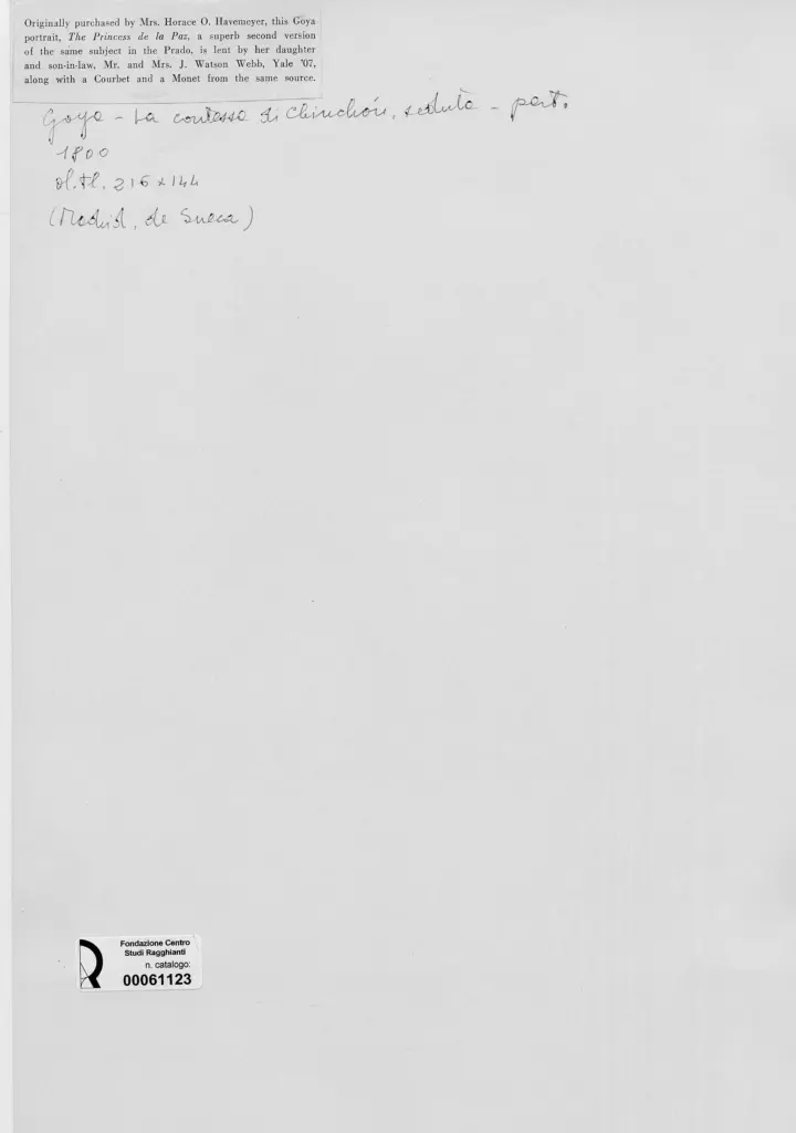 Anonimo , de Goya Y Lucientes, Francisco Jose - sec. XIX - La Contessa di Chinchon seduta (particolare) , retro