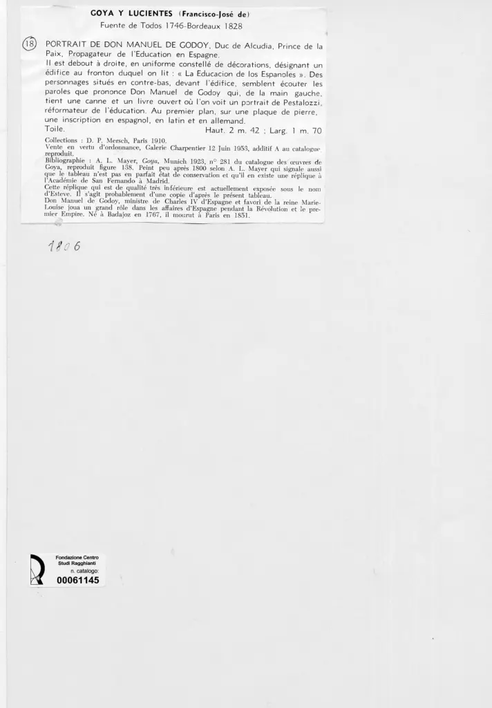 Anonimo , de Goya Y Lucientes, Francisco Jose - sec. XIX - Ritratto di Don Manuel de Godoy , retro