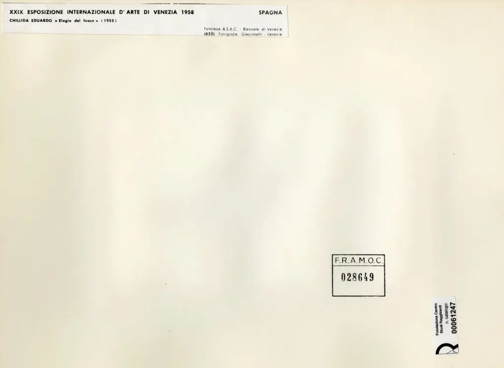 Giacomelli , Chillida, Eduardo - sec. XX - Elogio del fuoco , retro