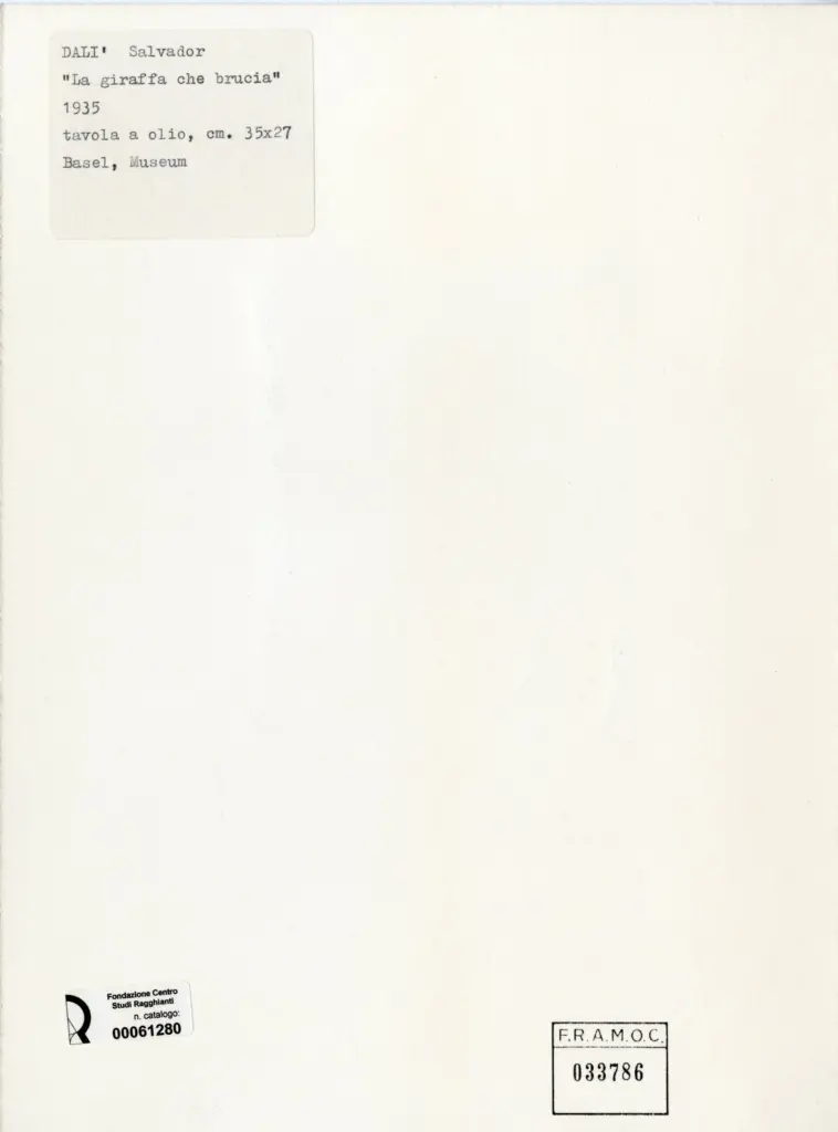 Anonimo , Dali', Salvador - sec. XX - La giraffa che brucia , retro