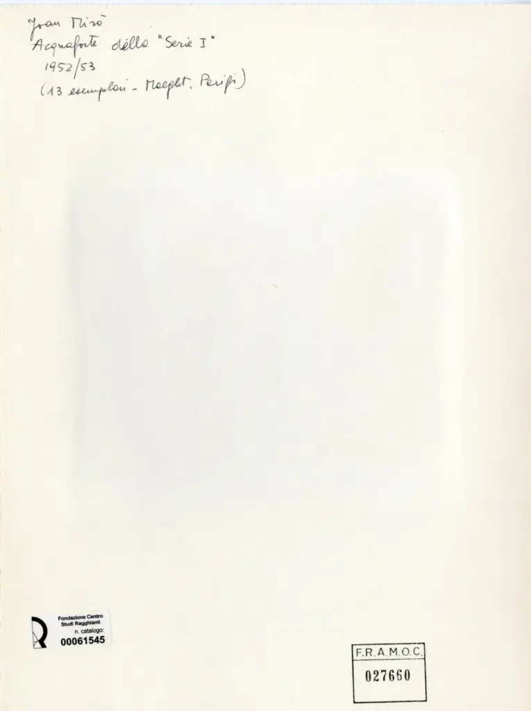 Anonimo , Mir&oacute;, Joan - sec. XX - Acquaforte della "Serie I" , retro