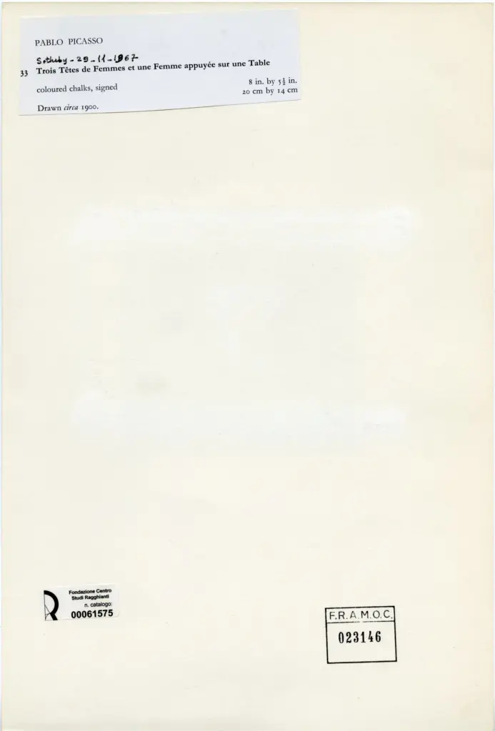 Anonimo , Picasso, Pablo - sec. XX - Trois T&ecirc;tes de Femmes et une Femme appuy&eacute;e sur un Table , retro