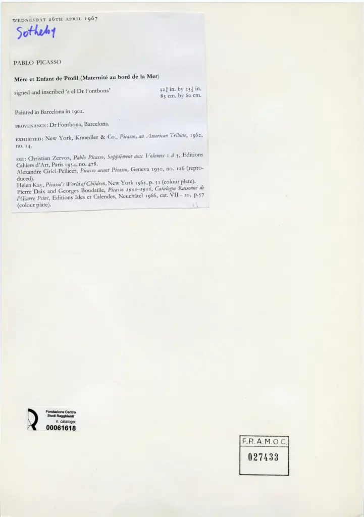 Anonimo , Picasso, Pablo - sec. XX - Mère et Enfant de Profil (Maternité au bord de la Mer) , retro