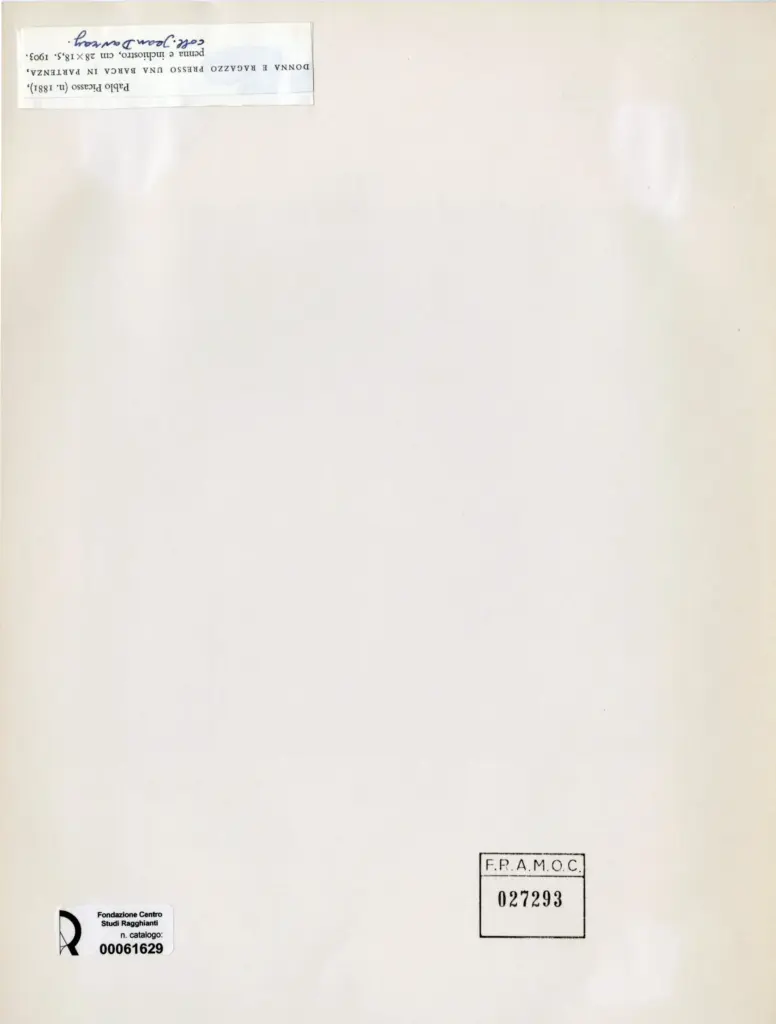 Anonimo , Picasso, Pablo - sec. XX - Donna e ragazzo presso una barca in partenza , retro