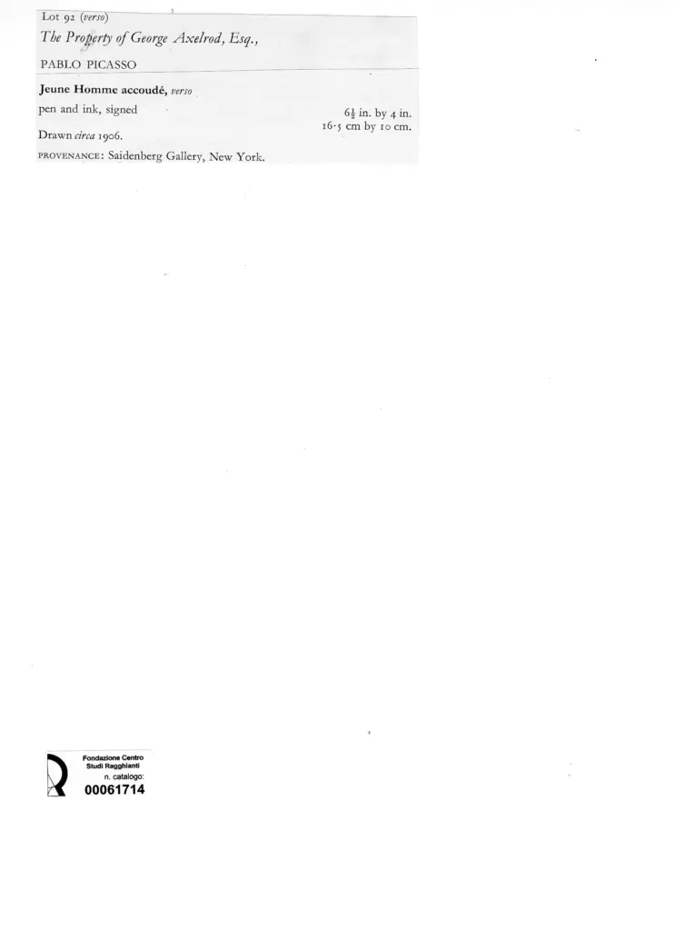 Anonimo , Picasso, Pablo - sec. XX - Jeune Homme accoud&eacute; , retro