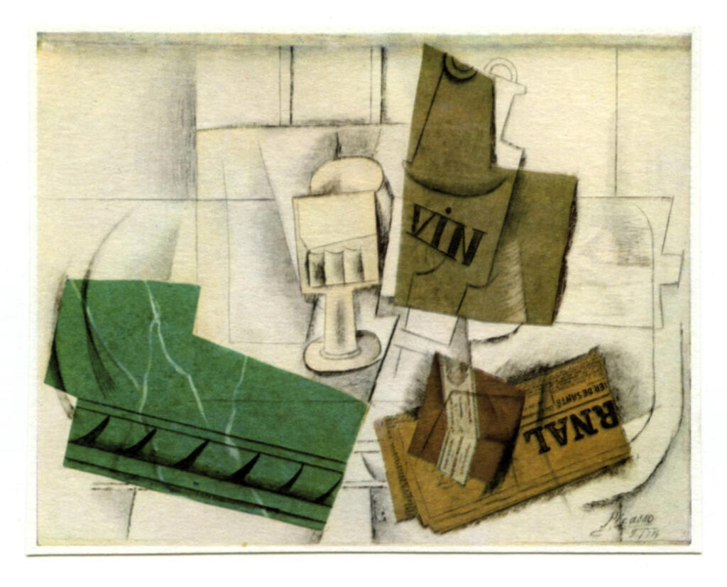 Anonimo , Picasso, Pablo - sec. XX - Verre, bouteille et journal sur une table , fronte