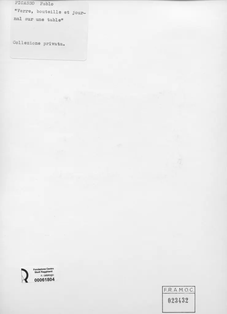 Anonimo , Picasso, Pablo - sec. XX - Verre, bouteille et journal sur une table , retro