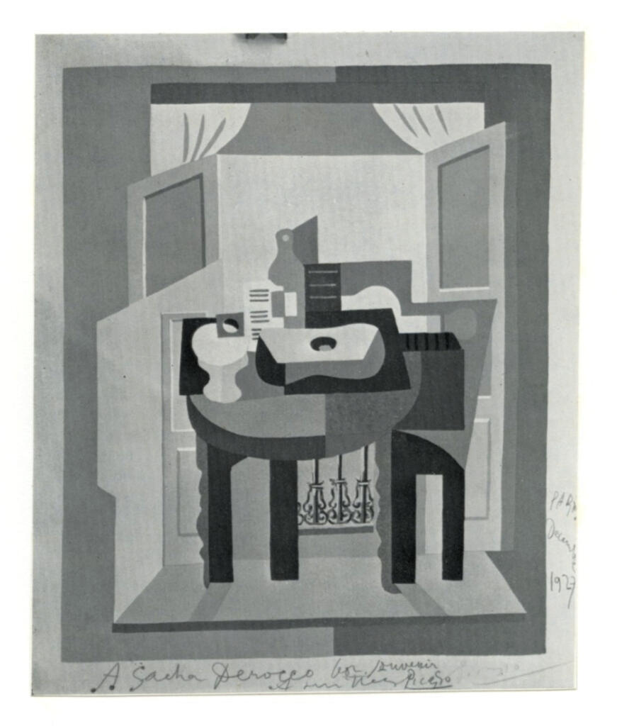 Anonimo , Picasso, Pablo - sec. XX - Compotier, Partition, Bouteille et Guitare Devant une Fenêtre , fronte