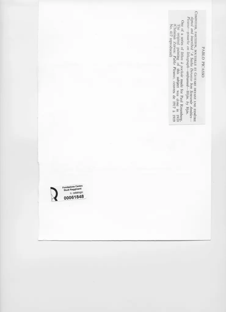 Anonimo , Picasso, Pablo - sec. XX - Compotier, Partition, Bouteille et Guitare Devant une Fen&ecirc;tre , retro