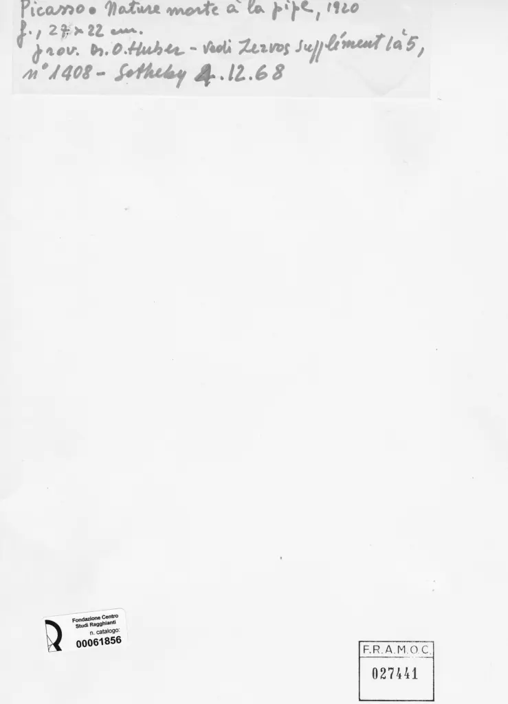 Anonimo , Picasso, Pablo - sec. XX - Natura morta e la pipa , retro