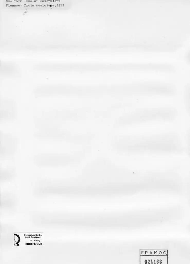 Anonimo , Picasso, Pablo - sec. XX - Tre musicisti , retro