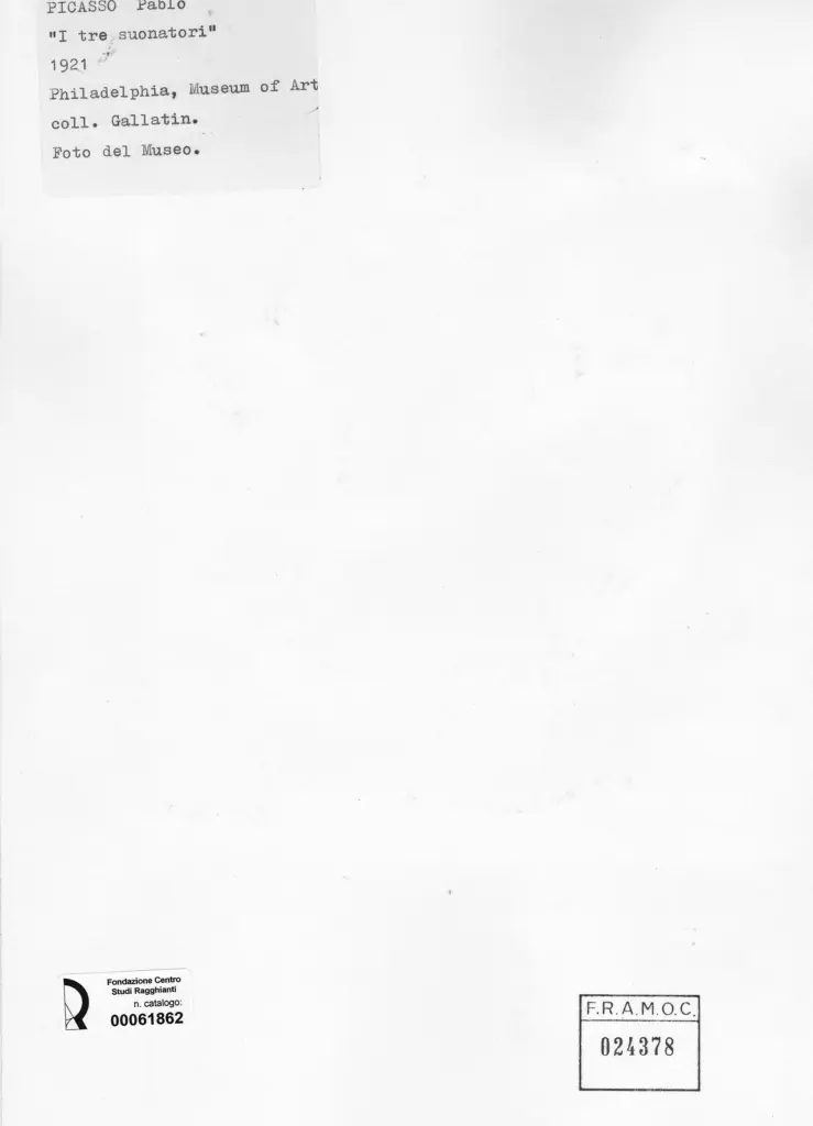 Anonimo , Picasso, Pablo - sec. XX - I tre suonatori , retro