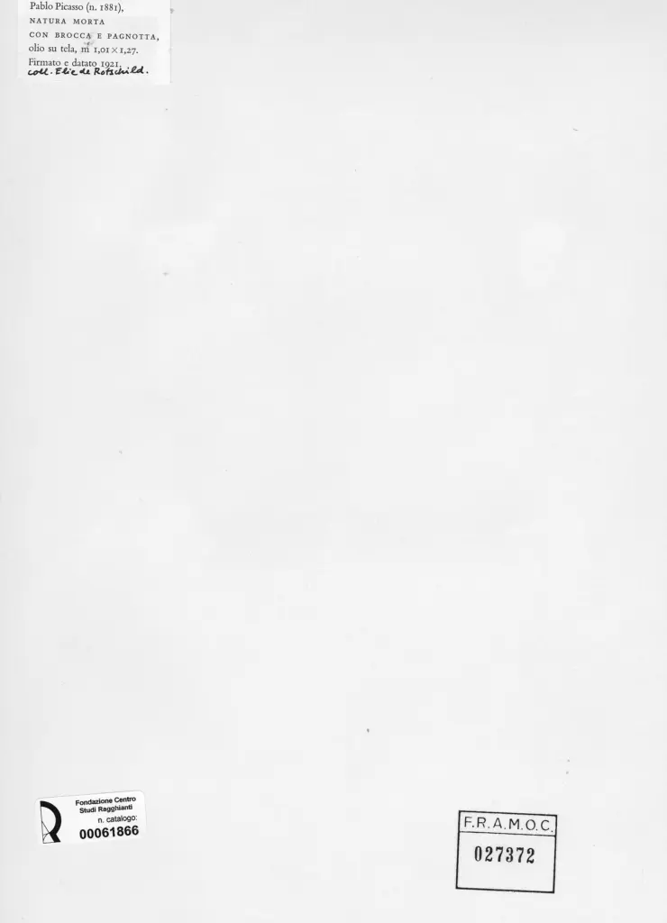 Anonimo , Picasso, Pablo - sec. XX - Natura morta con brocca e pagnotta , retro