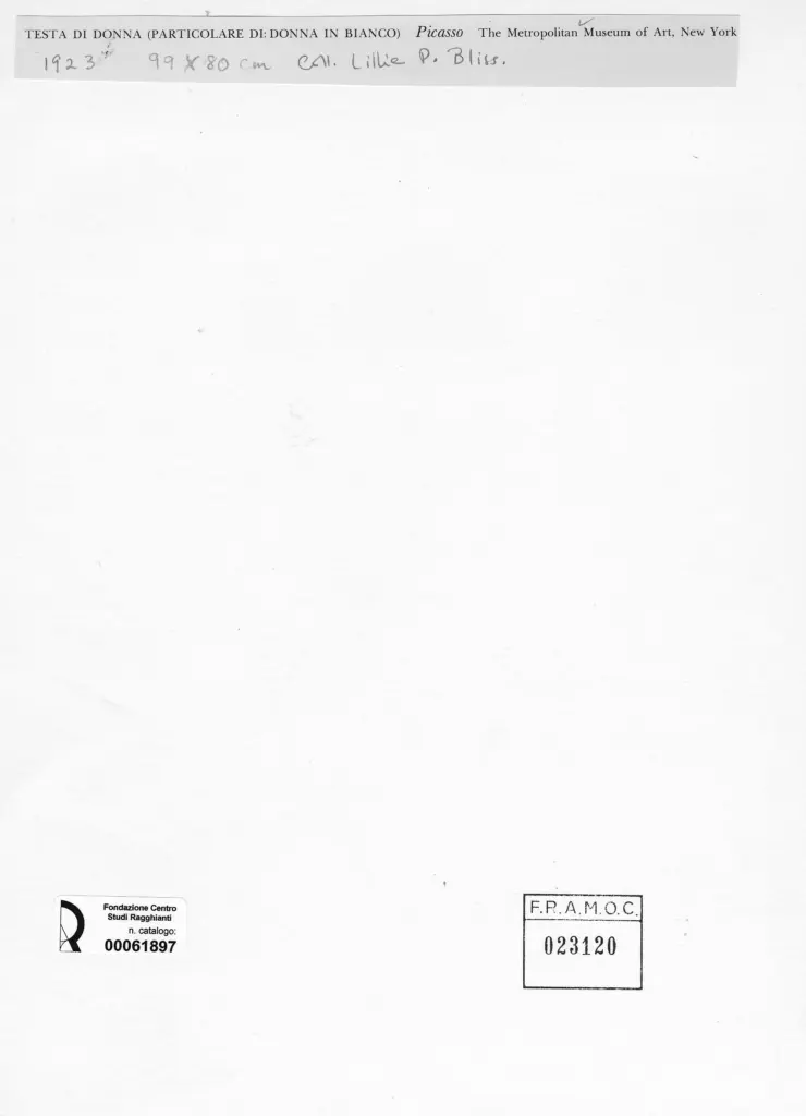 Anonimo , Picasso, Pablo - sec. XX - Testa di donna: (particolare di donna in bianco) , retro