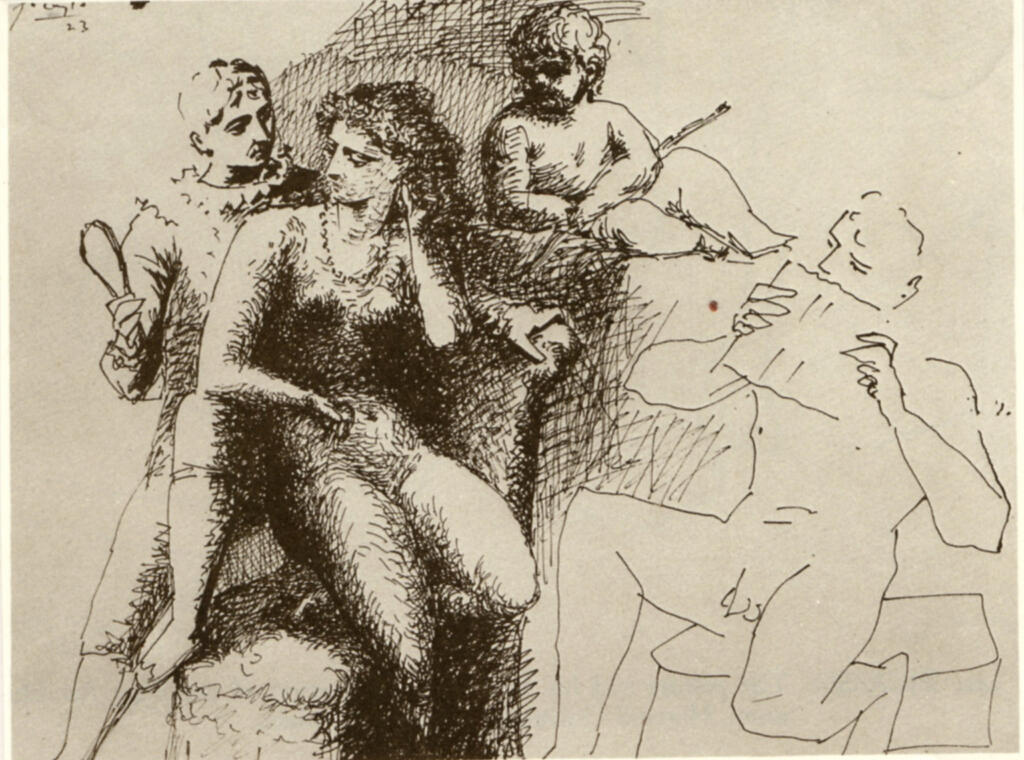 Anonimo , Picasso, Pablo - sec. XX - Venus with a pipes-player, a cupid and Pierrot , fronte