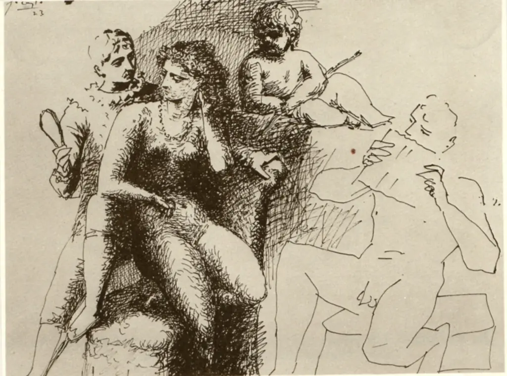 Anonimo , Picasso, Pablo - sec. XX - Venus with a pipes-player, a cupid and Pierrot , fronte