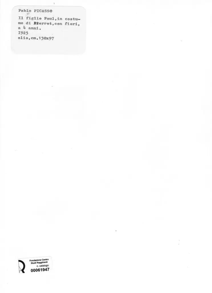 Anonimo , Picasso, Pablo - sec. XX - Il figlio Paul, in costume di Pierrot con fiori a 4 anni , retro