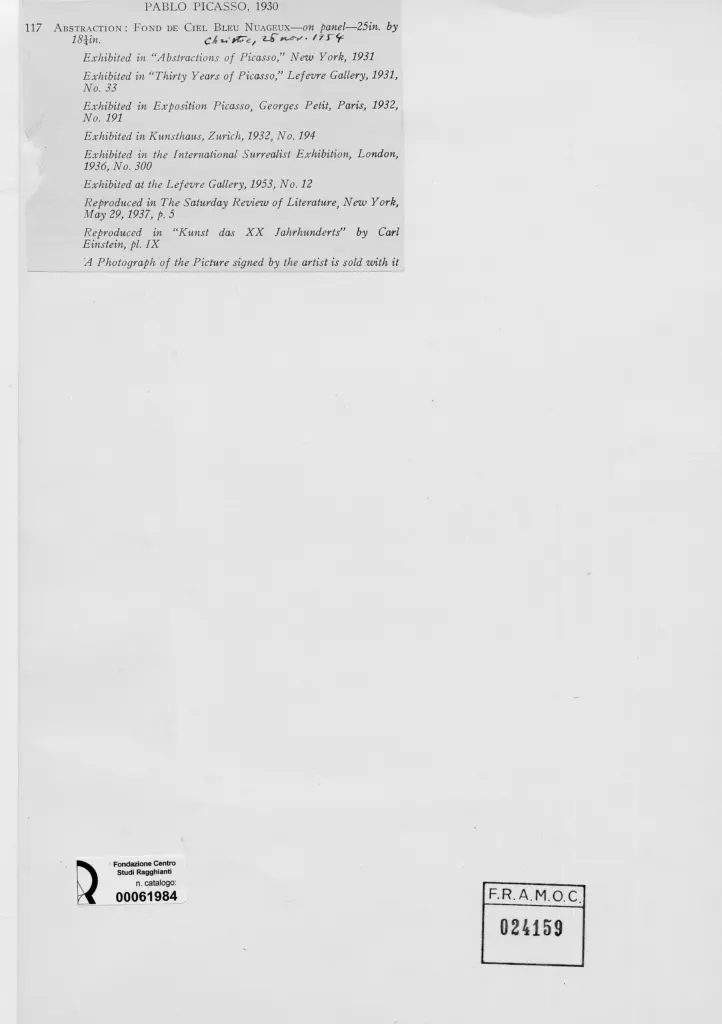 Anonimo , Picasso, Pablo - sec. XX - Abstraction: Fond de Ciel Bleu Nuageux , retro