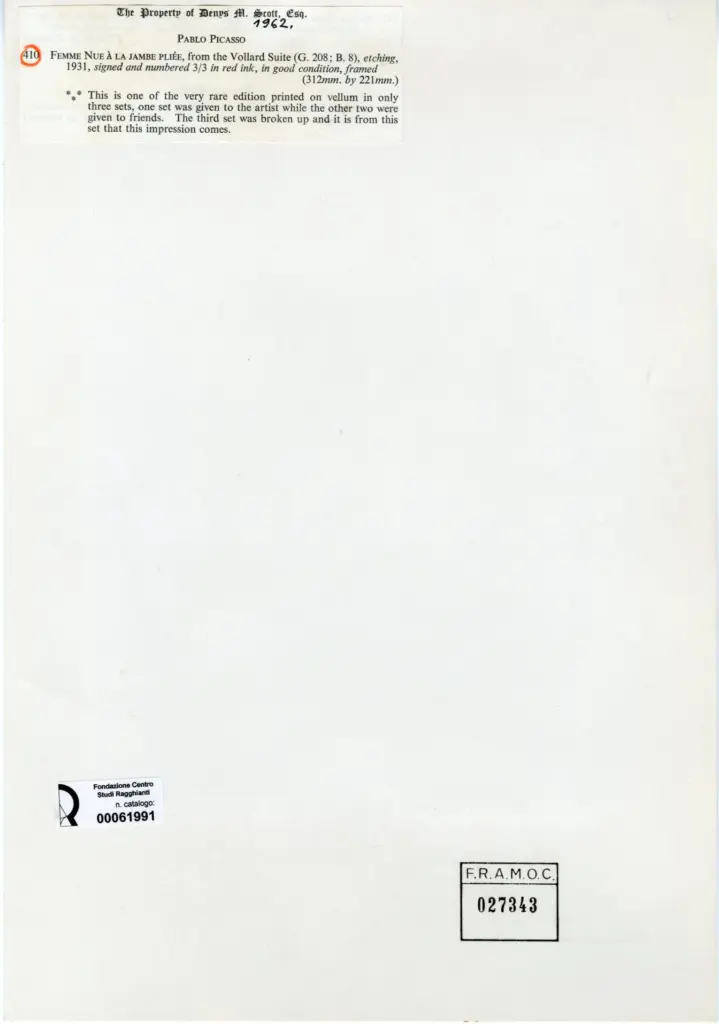 Anonimo , Picasso, Pablo - sec. XX - Femme nue &agrave; la jambe pli&eacute;e , retro