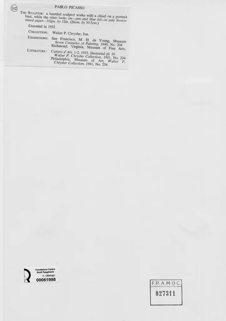 Anonimo , Picasso, Pablo - sec. XX - Lo scultore , retro