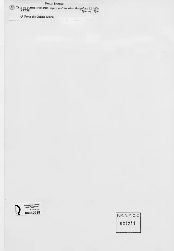 Anonimo , Picasso, Pablo - sec. XX - Testa di donna addormentata , retro