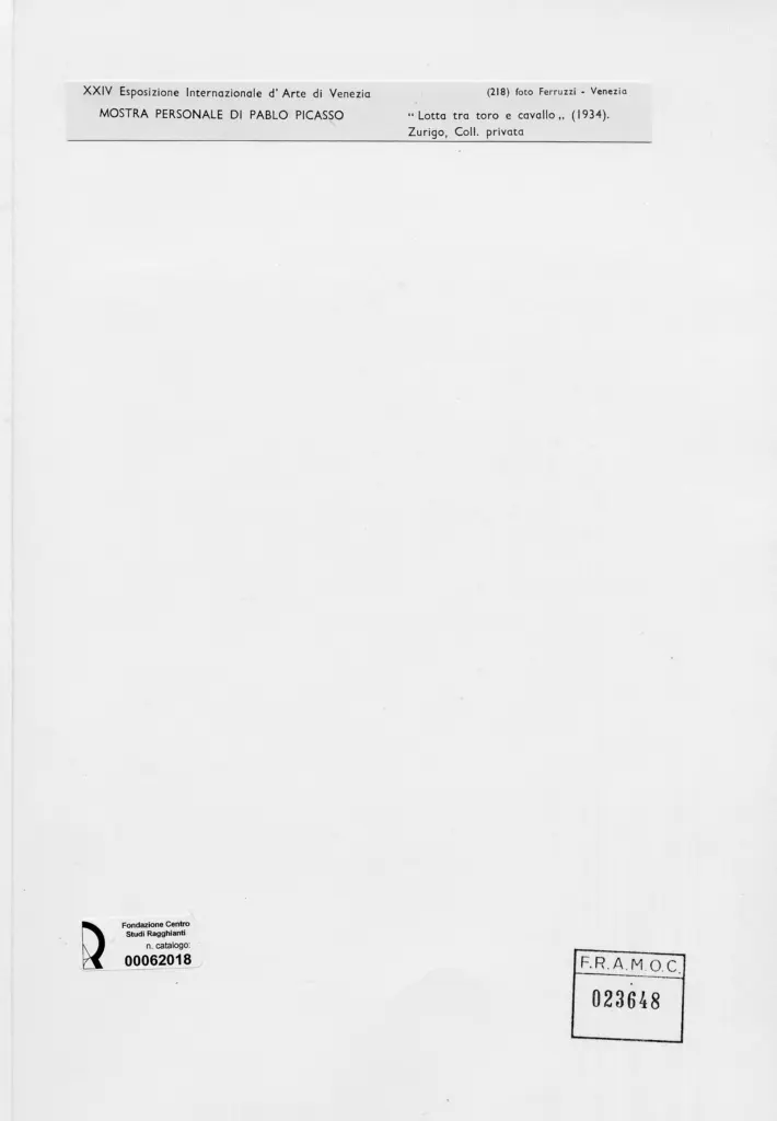 Fotografia Ferruzzi , Picasso, Pablo - sec. XX - Lotta tra toro e cavallo , retro