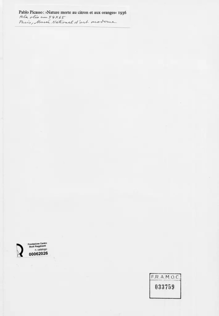 Anonimo , Picasso, Pablo - sec. XX - Natura morta con limoni e arance , retro