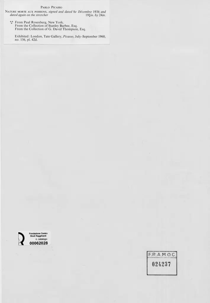 Anonimo , Picasso, Pablo - sec. XX - Natura morta con pesci , retro