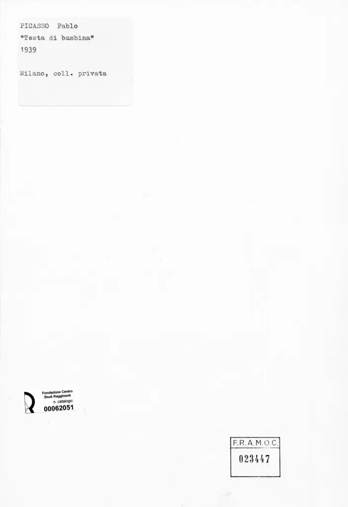 Anonimo , Picasso, Pablo - sec. XX - Testa di bambina , retro
