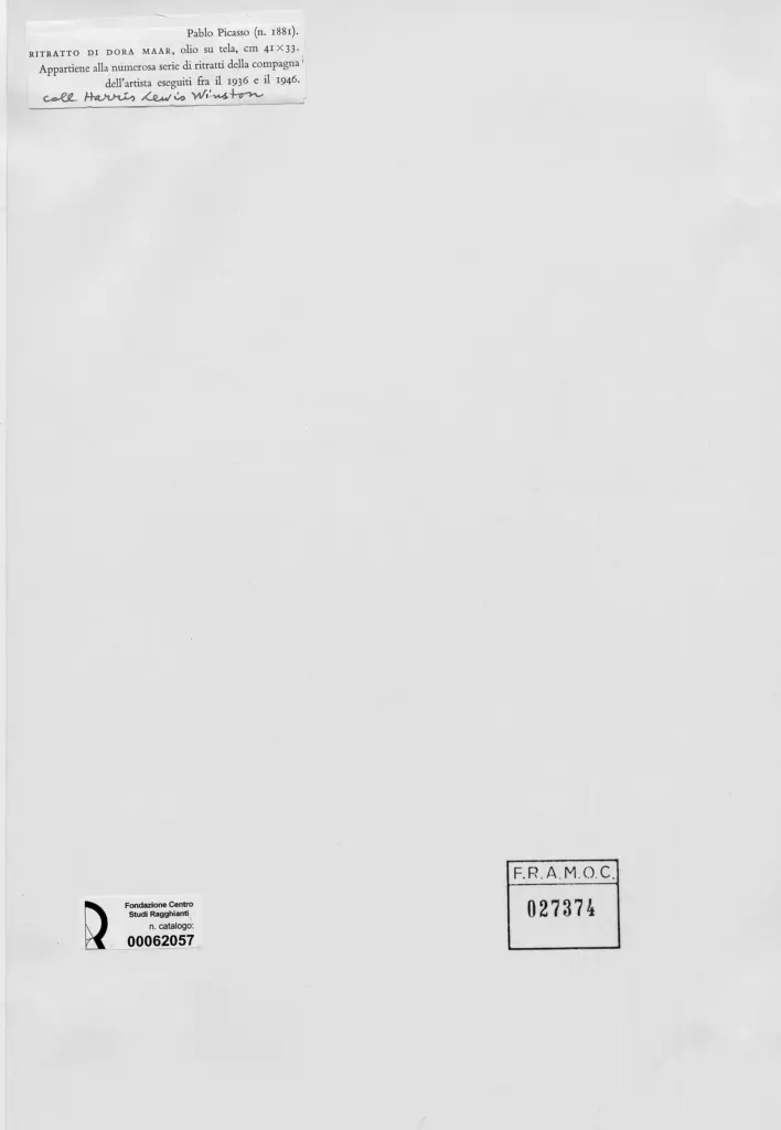 Anonimo , Picasso, Pablo - sec. XX - Ritratto di Dora Maar , retro