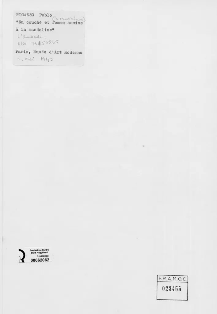 Anonimo , Picasso, Pablo - sec. XX - Nu couch&eacute; et femme assise &agrave; la mandoline , retro