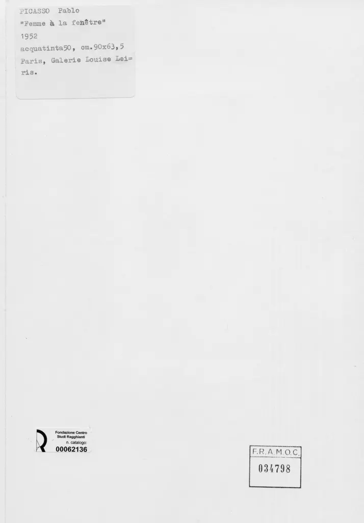 Anonimo , Picasso, Pablo - sec. XX - Donna alla finestra , retro