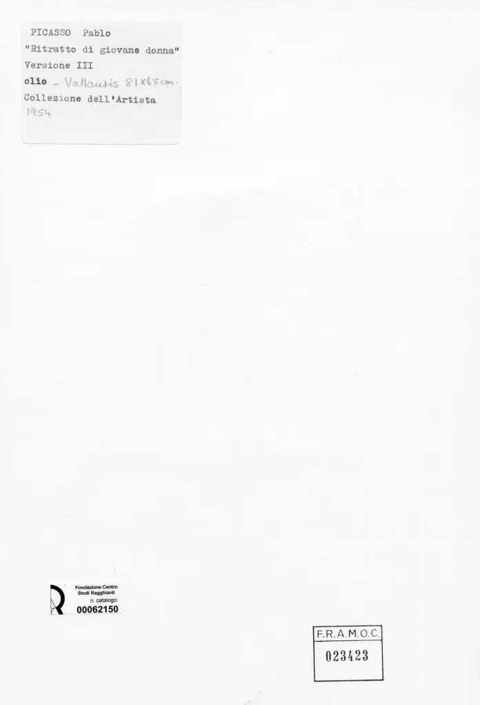 Anonimo , Picasso, Pablo, sec. XX, Ritratto di giovane donna, versione III , retro