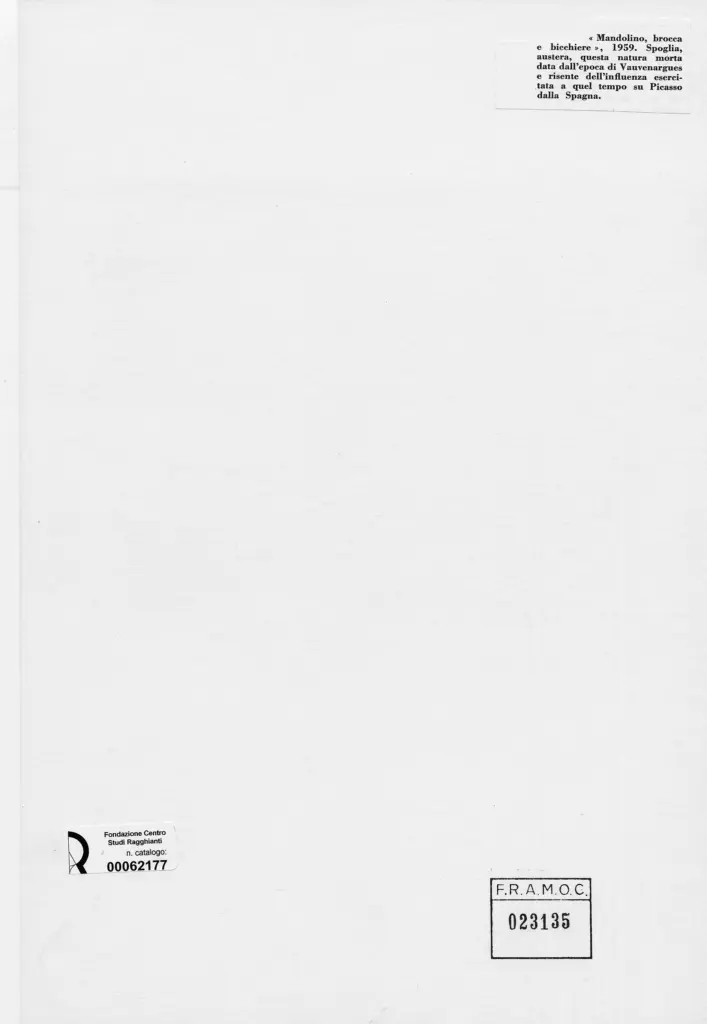 Anonimo , Picasso, Pablo - sec. XX - Mandolino, brocca e bicchiere , retro