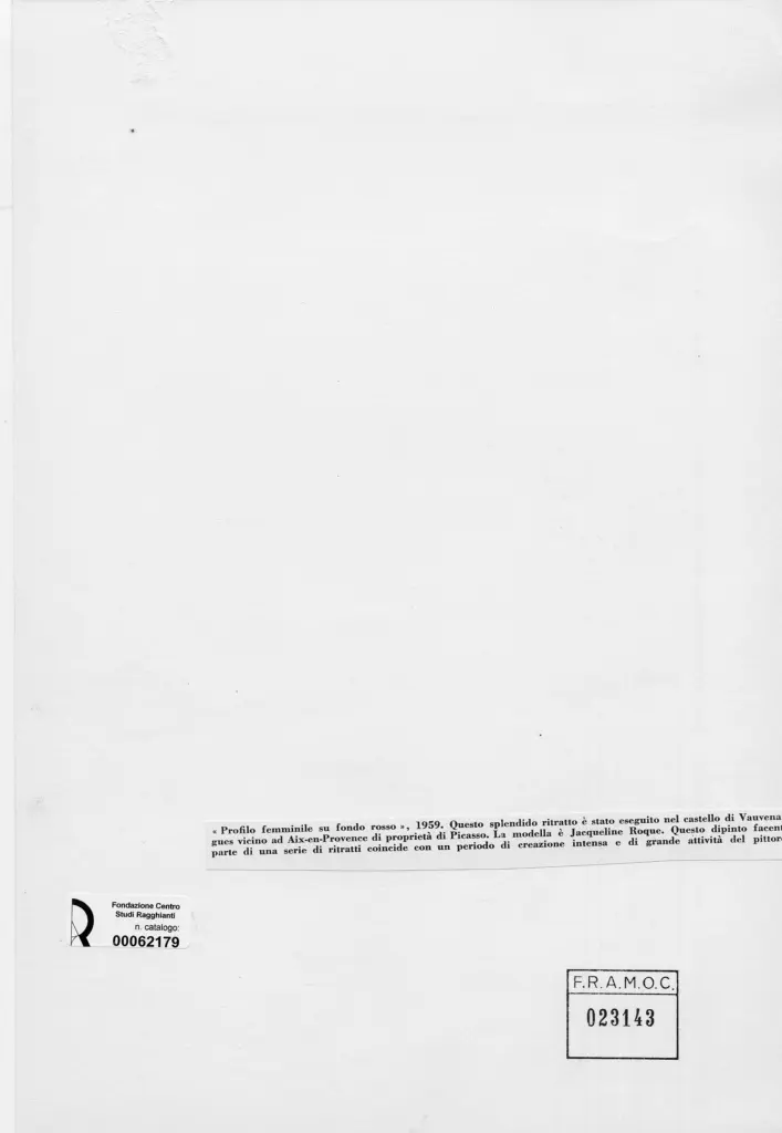 Anonimo , Picasso, Pablo - sec. XX - Profilo femminile su fondo rosso , retro