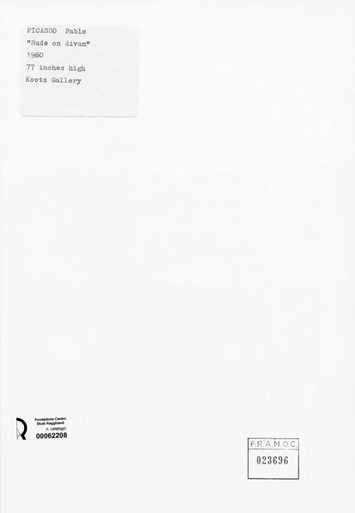 Anonimo , Picasso, Pablo - sec. XX - Nudo sul divano , retro