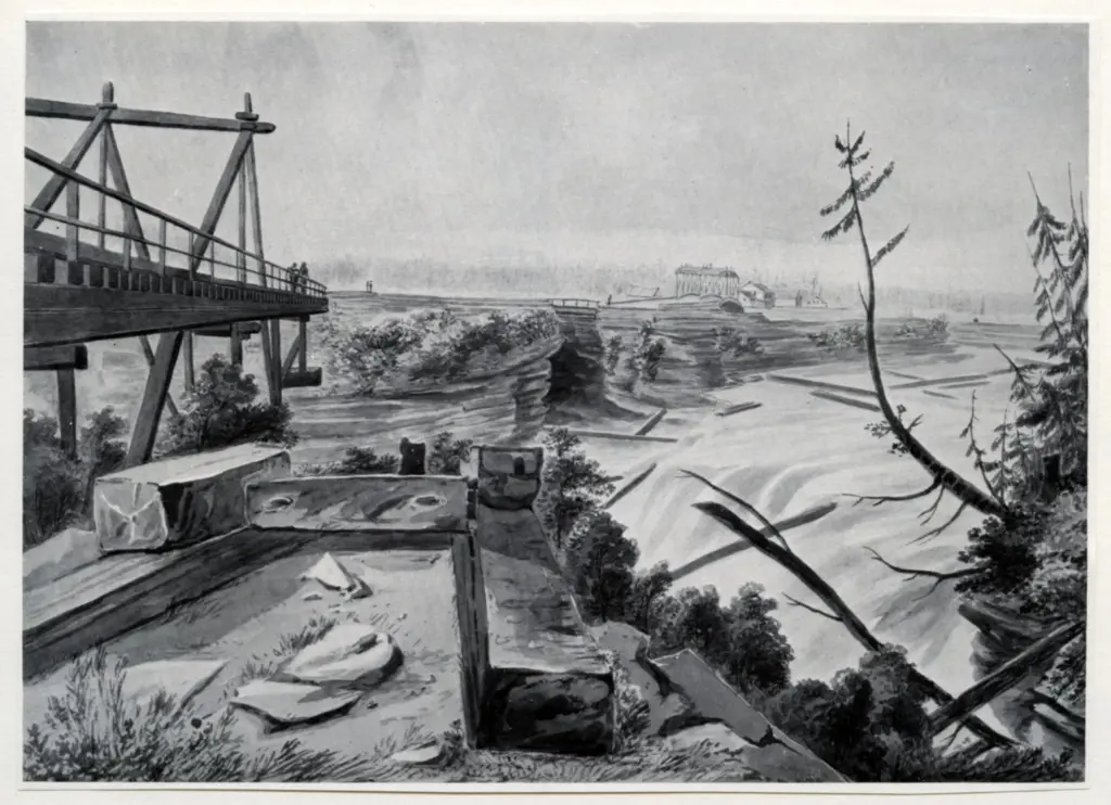 Anonimo , Cockburn, James Pattison - sec. XVIII/ XIX - A view of a wooden bridge over the Chaudi&egrave;re falls as seen from the left bank , fronte
