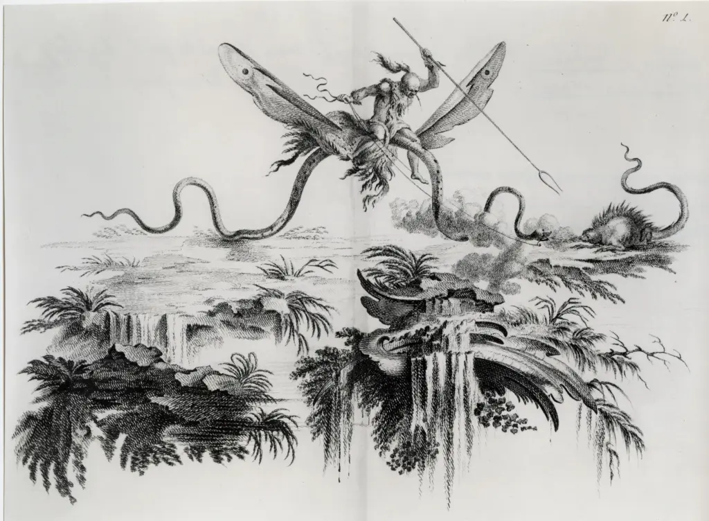 Anonimo , Morghen, Filippo - sec. XIX - An Inhabitant of the moon on a winged serpent fighting a porcupine , fronte