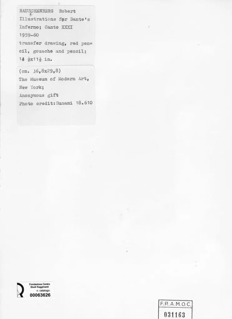 Anonimo , Rauschenberg, Robert - sec. XX - Illustrazione per l'Inferno di Dante: Canto XXXI , retro