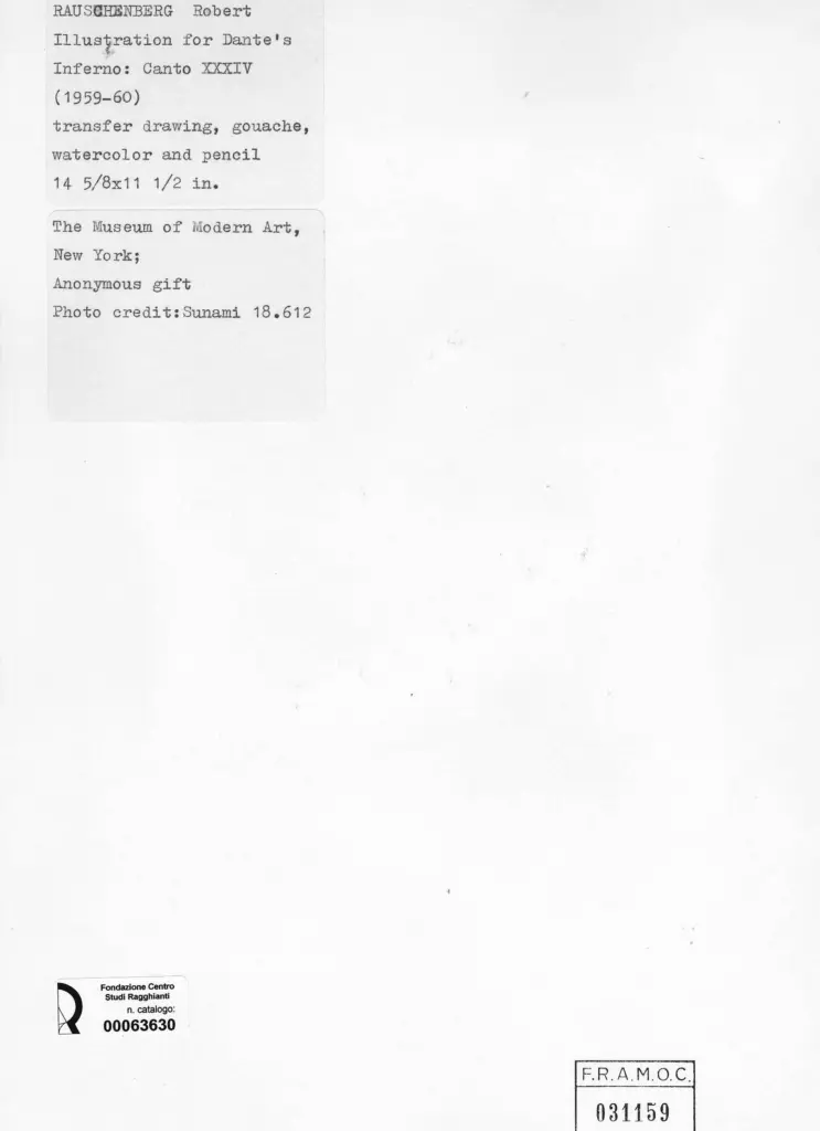 Anonimo , Rauschenberg, Robert - sec. XX - Illustrazione per l'Inferno di Dante: Canto XXXIV , retro