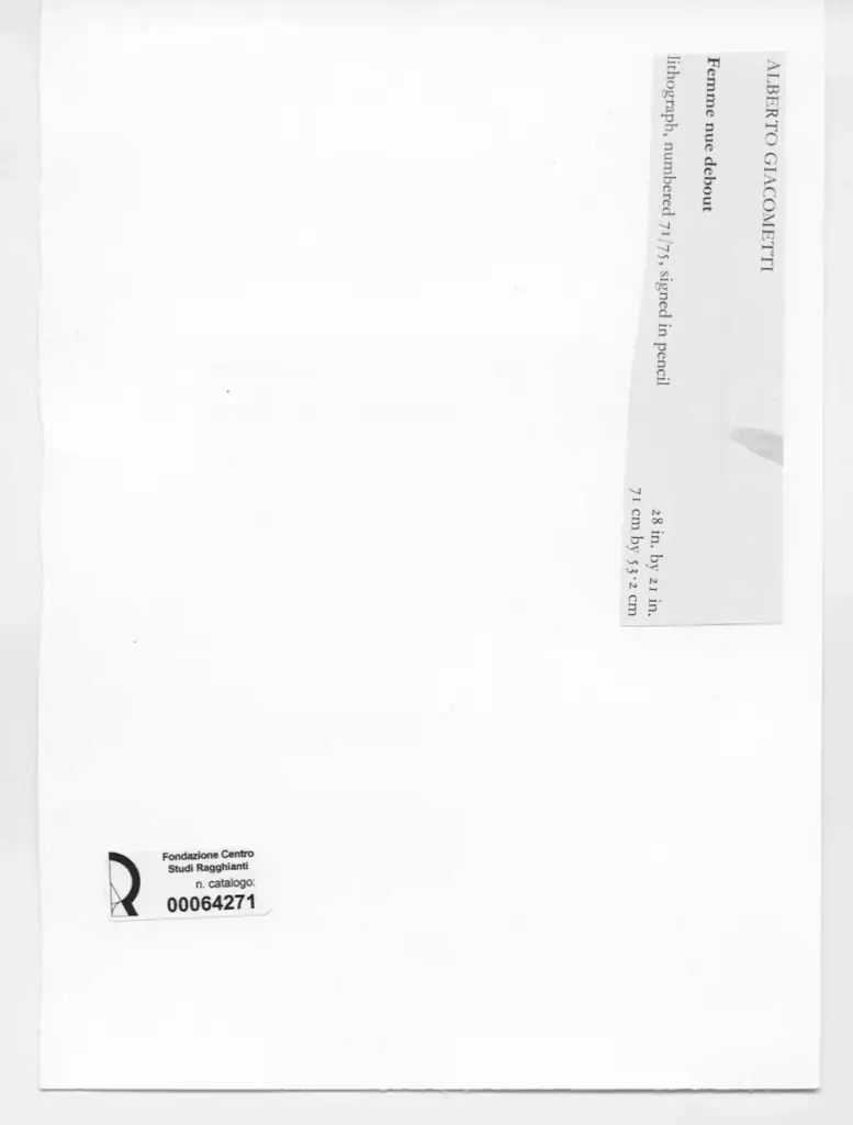 Anonimo , Giacometti, Alberto - sec. XX - Femme nue debout , retro