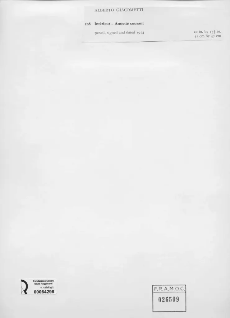 Anonimo , Giacometti, Alberto - sec. XX - Int&eacute;rieur - Annette cousant , retro