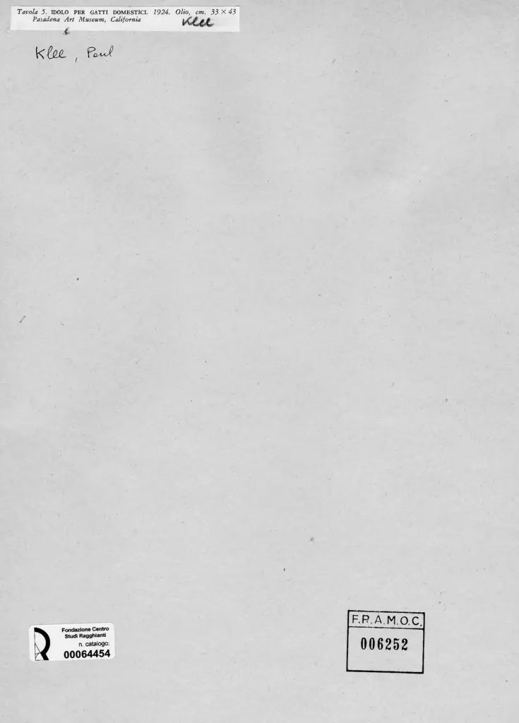 Anonimo , Klee, Paul - sec. XX - Idolo per gatti domestici , retro