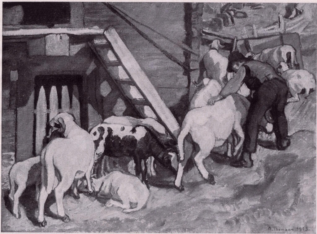 Thomann, Adolf , Schafe vor dem stall -