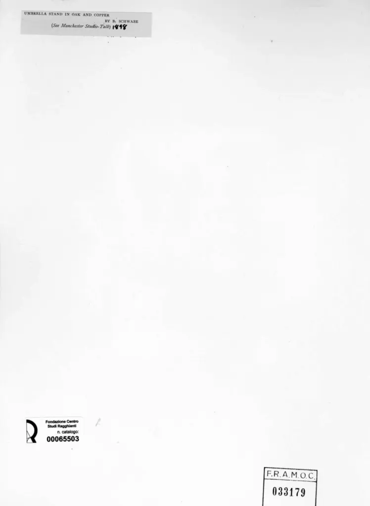 Anonimo , Schwabe, B. - sec. XIX - Basamento di ombrello in quercia e rame , retro