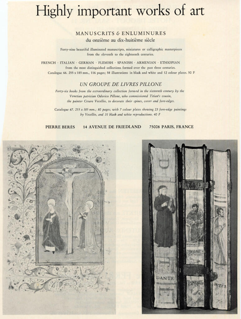 Riproduzione di manoscritti su un catalogo di vendita della Libreria Pierre Berès a Parigi , fronte