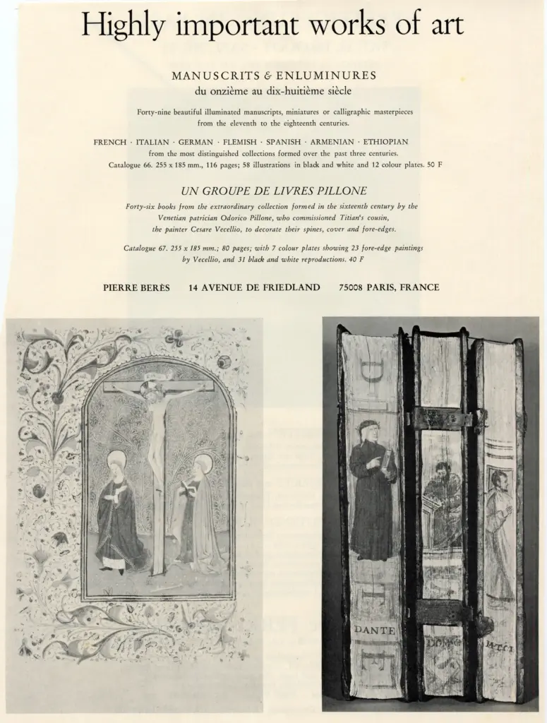 Riproduzione di manoscritti su un catalogo di vendita della Libreria Pierre Ber&egrave;s a Parigi , fronte
